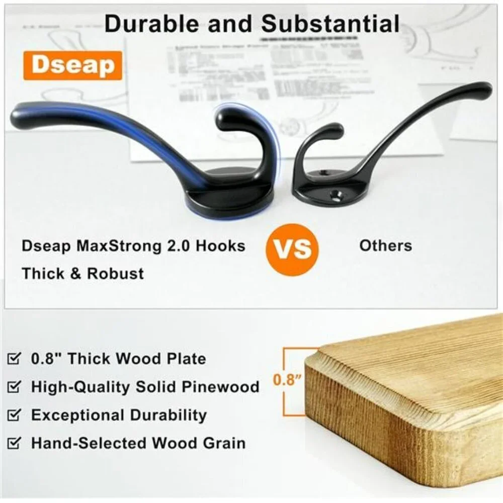 Wall Mounted Coat Rack Wood 5 Hook Heavy Duty Entryway Hat Towel Hanger